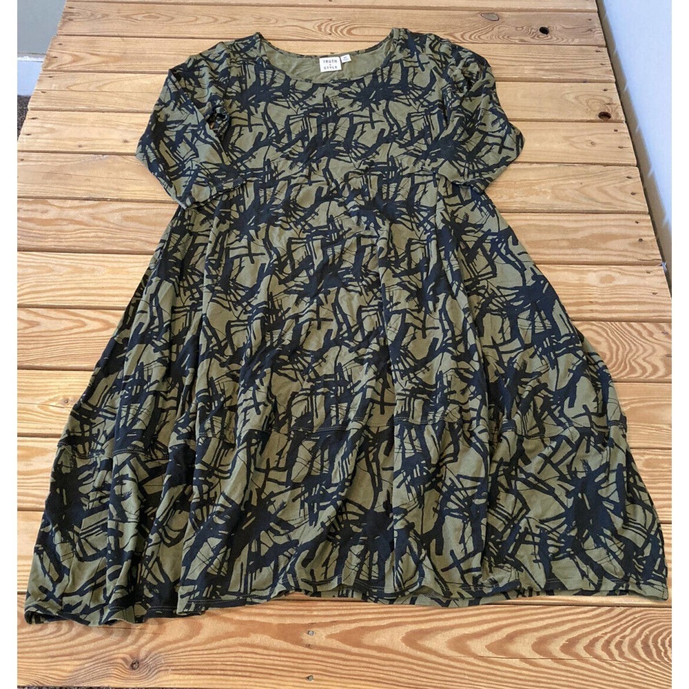 NEW Truth + Style Abstract Prints Bubble Hem Dress Petite Small PS Olive